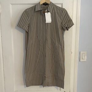 NWT Theory Tan and Blue Striped Shirt Dress with pockets